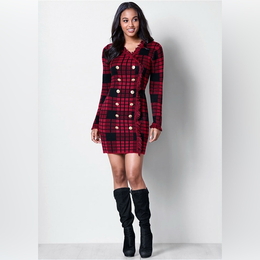 VENUS Red and Black Knit with Gold Accent Large Jacket Sweater Dress L Large